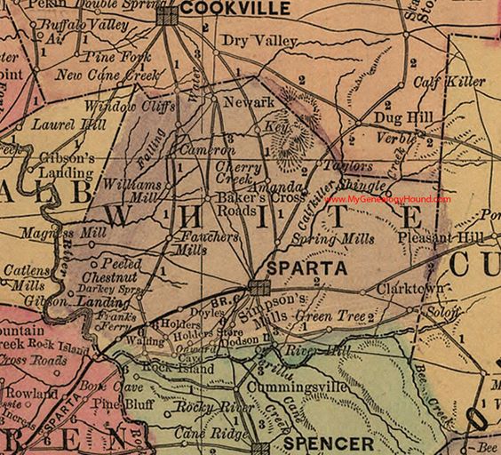 Map of Sparta, TN and surroundings, including Cherry Creek to the north of Sparta. This area was Loucinda Carrick's family's home.